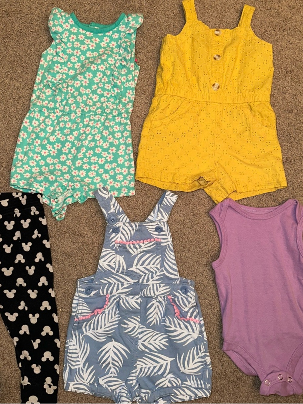 Carter's Yellow Eyelet Button Romper BUNDLE OF 5 items; 4 Rompers 1 pans
